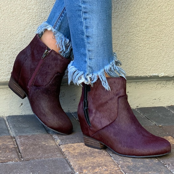 Burgundy Wine Genuine Pony Hair Wedge Ankle Boots - Picture 3 of 8